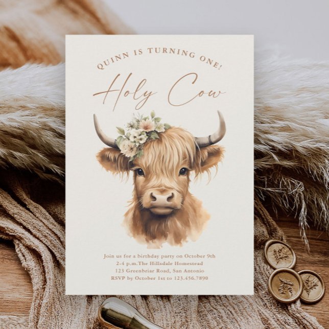 Invitación Boho Highland Fiesta de cumpleaños de vacas (Boho highland cow kids girls first birthday party invitations.)