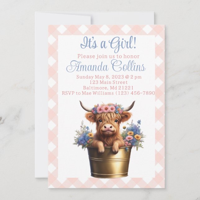 Invitación Boho Highland vaca florida ducha de bebé rústica (Anverso)