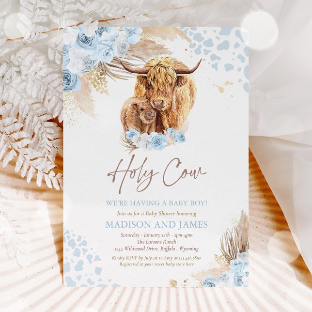 Invitación Boho Holy Cow Blue Pampas Grass Boy Baby Shower (Subido por el creador)