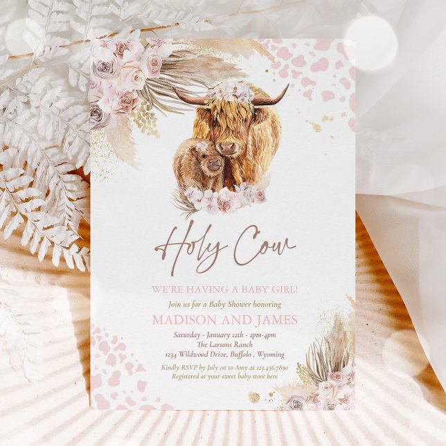 Invitación Boho Holy Cow Pampas Chica de Grasa Baby Shower (Subido por el creador)