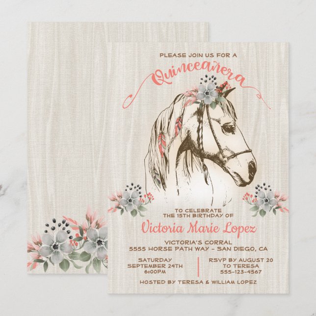 Invitación Boho Horse Cowgirl Quinceañera 15º cumpleaños (Anverso / Reverso)
