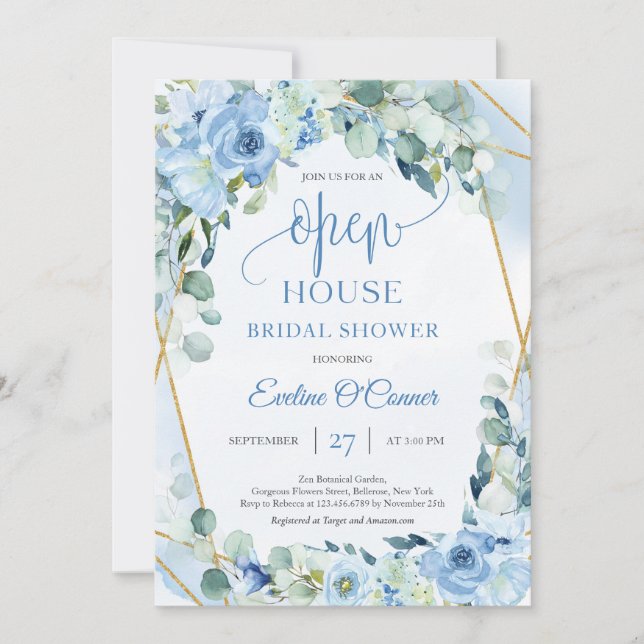 Invitación Boho Ice azul eucalipto floral y oro Open House (Anverso)
