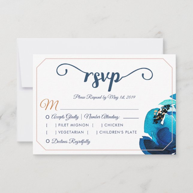 Invitación Boho Indigo Cobre Acuarela Floral Boda RSVP (Anverso)