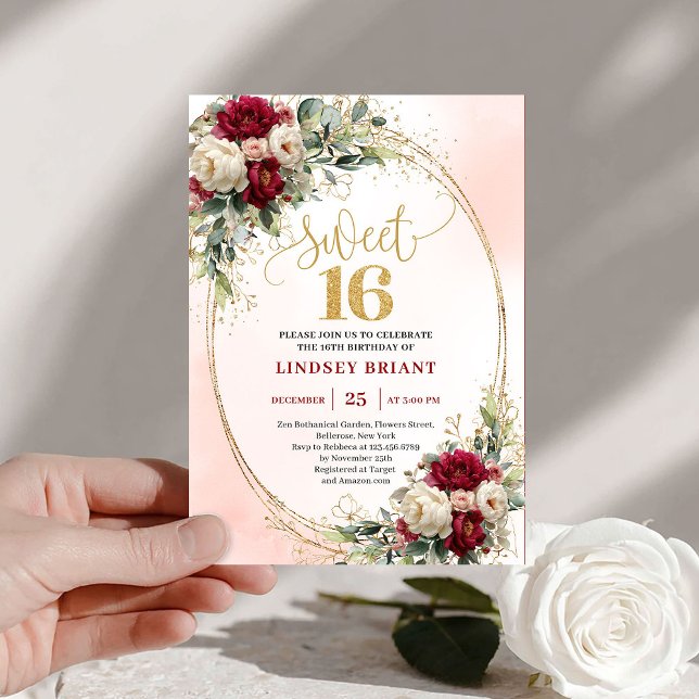 Invitación Boho Intemporal Burgundy Dorado Floral Dulces Diec (Timeless Boho Burgundy Gold Floral Sweet Sixteen Invite)