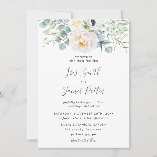 Invitación Boho Ivory Anemone Peony Boda de la vegetación flo (Anverso)