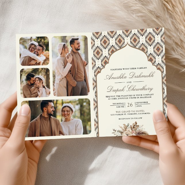 Invitación Boho Ivory Beige Ikat Collage de fotos Boda indio (Subido por el creador)