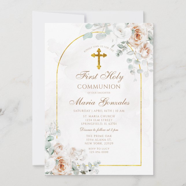Invitación Boho Ivory White Floral Gold First Holy Communion (Anverso)