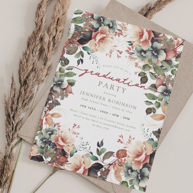 Invitación Boho Jardín Botánico Fiesta de Graduación Floral (Boho Botanical Garden Floral Graduation Party Invitation)