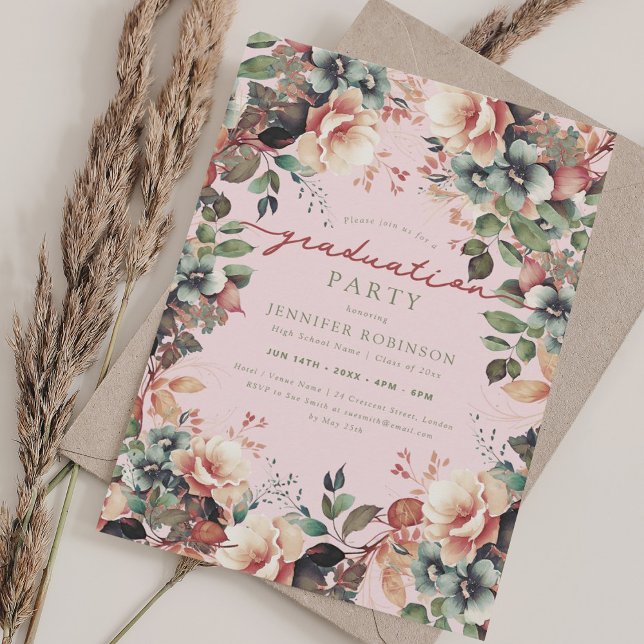 Invitación Boho Jardín Botánico Graduación Floral Rubor (Boho Botanical Garden Floral Graduation Blush Invitation)