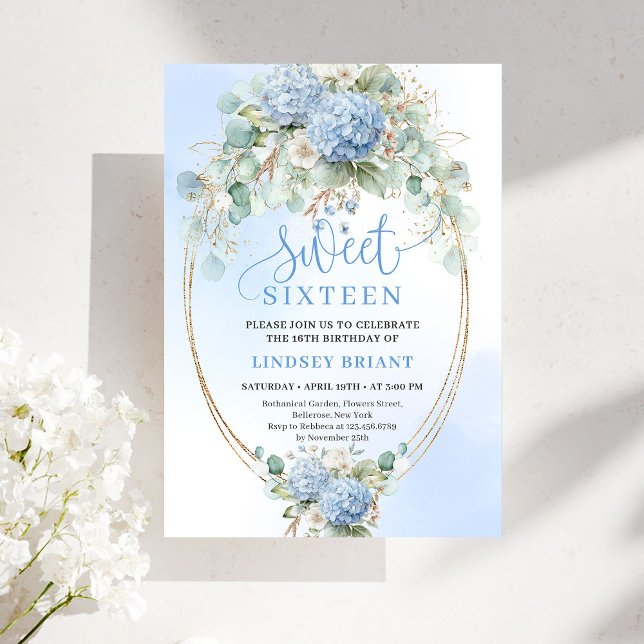 Invitación Boho Jardín Hydrangeas Azules Sweet Six (Garden Boho Blue Hydrangeas Sweet Sixteen Invitation)