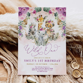 Invitación Boho Jungle Animals Wild One Chica Primer cumpleañ