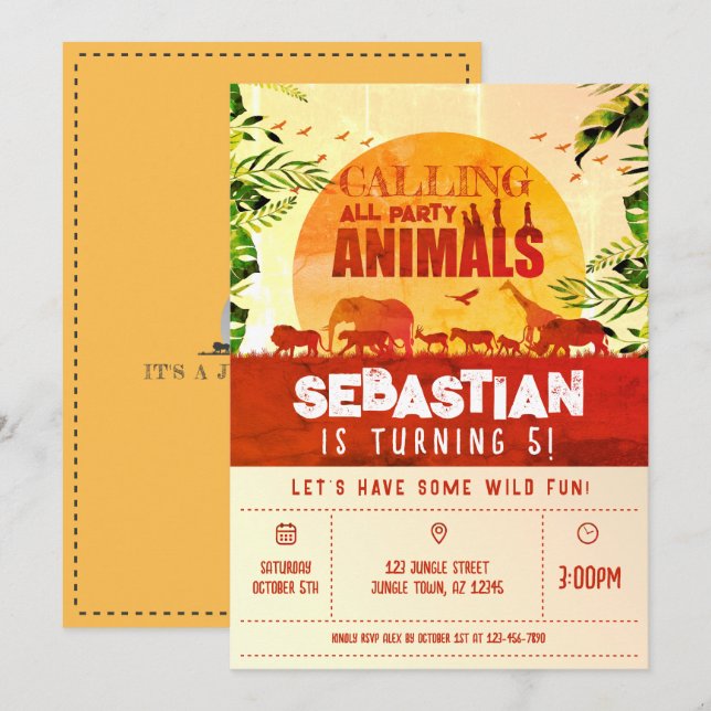 Invitación Boho Jungle Safari Animales salvajes Niños Cumplea (Anverso / Reverso)