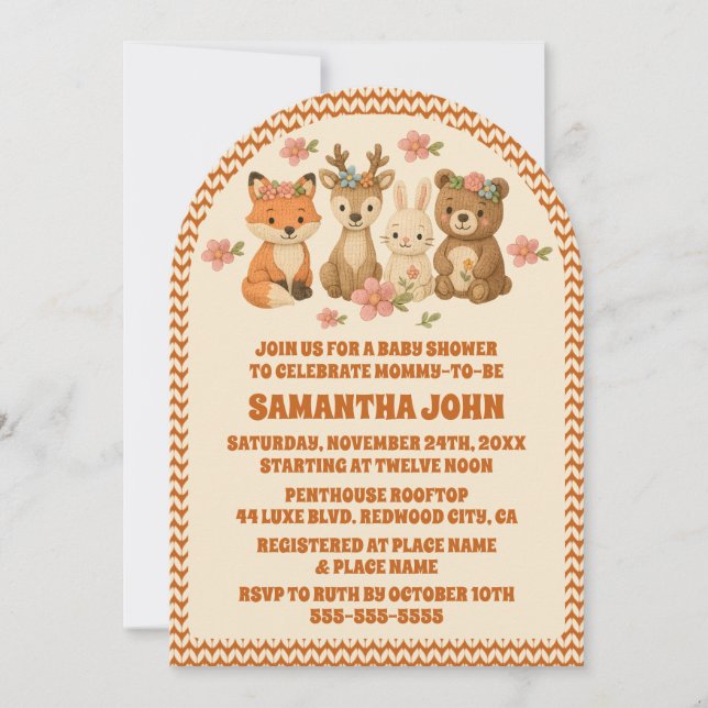 Invitación Boho Knitt Floral Woodland Animals Baby Shower (Anverso)