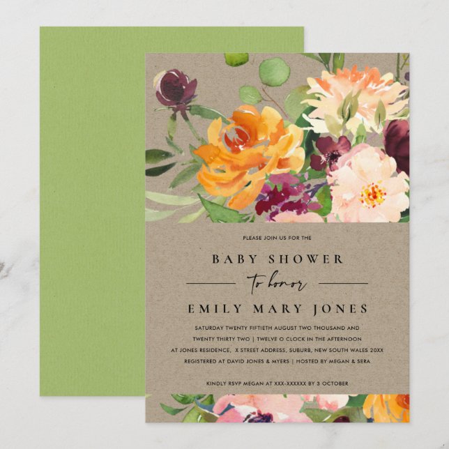 INVITACIÓN BOHO KRAFT RUBOR NARANJA AMARILLO FLORAL BABY SHOW (Anverso / Reverso)
