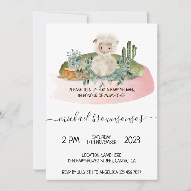 Invitación Boho Lamb Sheep Tropical Baby Shower (Anverso)