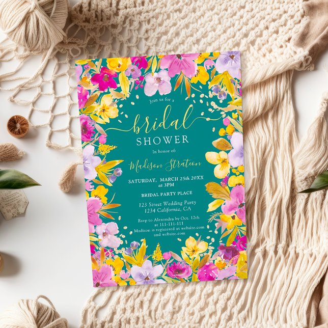 Invitación Boho lavanda púrpura moderna ducha de novia floral (Boho modern purple lavender floral bridal shower invitation on emerald green)