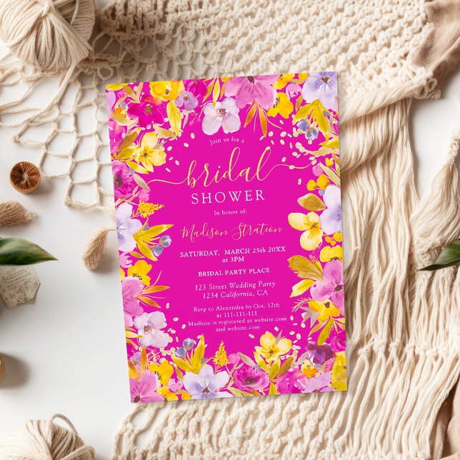Invitación Boho lavanda púrpura moderna ducha de novia floral (Boho modern purple lavender floral bridal shower invitation on hot pink)