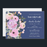 Invitación Boho Lavender Blue Floral Watercolor Bat Mitzvah<br><div class="desc">Boho Lavender color de agua rosa floral Bat Mitzvah Invitación sobre fondo azul</div>
