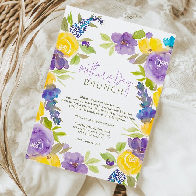 Invitación Boho lavender Día de la madre de flores amarillas (Boho lavender yellow floral mother's day invitation)
