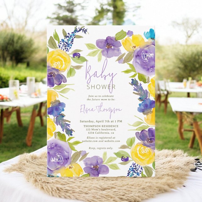 Invitación Boho lavender ducha de bebé florida amarilla (Boho lavender yellow floral baby shower invitation)