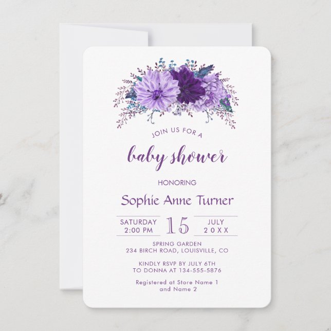 Invitación Boho Lavender Floral Plum Purple Baby Shower (Anverso)