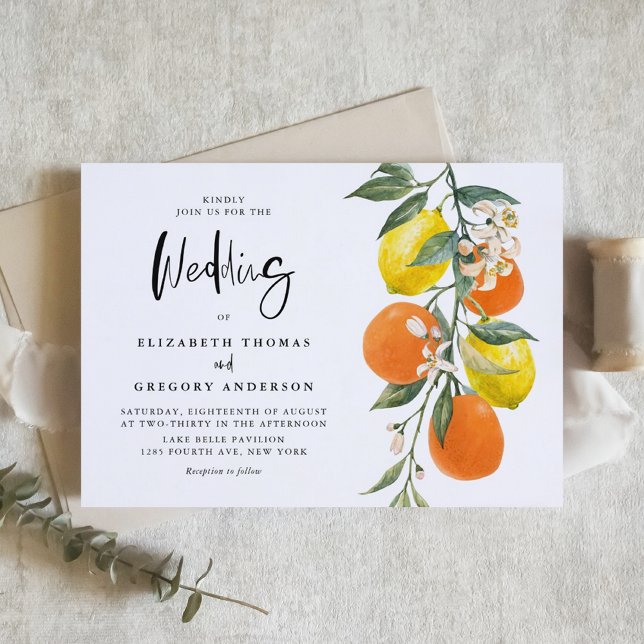 Invitación Boho Lemons Botánico y Naranjas Boda Garland (Boho Botanical Lemons and Oranges Garland Wedding Invitation)