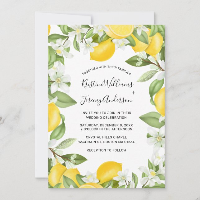 Invitación Boho Lemons Watercolor Floral Blanco Boda (Anverso)