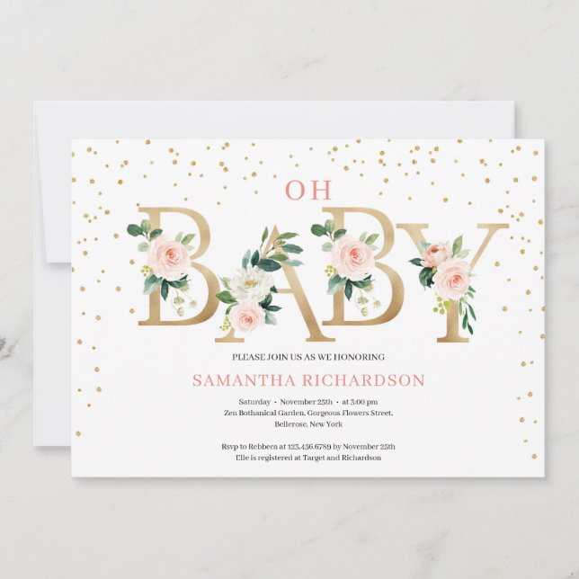 Invitación Boho letras rosadas florales rosadas Relieve metal (Anverso)