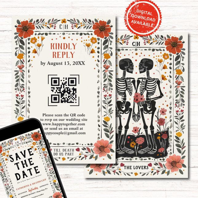 Invitación Boho Letterpress Style Skeleton Tarot Wedding RSVP (Subido por el creador)