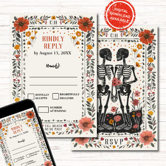 Invitación Boho Letterpress Style Skeleton Tarot Wedding RSVP