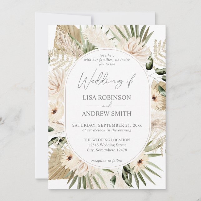 Invitación Boho LG Textos Pampas Grass & Beige 2 Boda floral (Anverso)