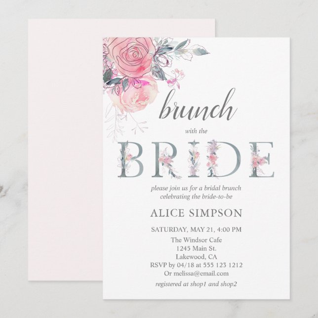 Invitación Boho Light Flor rosa suave Bridal Brunower (Anverso / Reverso)