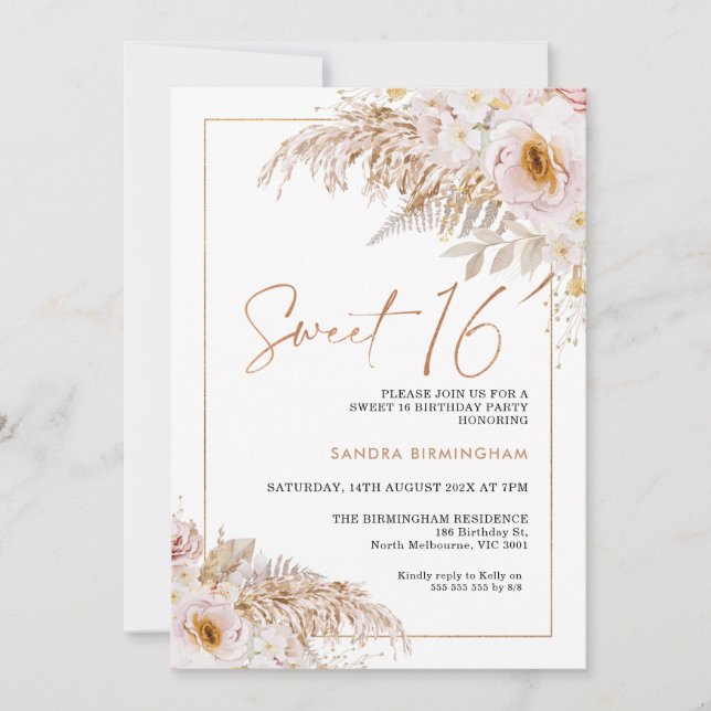 Invitación Boho Light Rubor Floral Pampas Grass 16º cumpleaño (Anverso)
