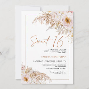 Invitación Boho Light Rubor Floral Pampas Grass 16º cumpleaño