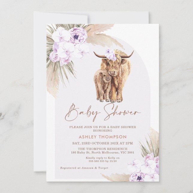Invitación Boho Lilac Floral Arch Highland Cow Baby Shower (Anverso)