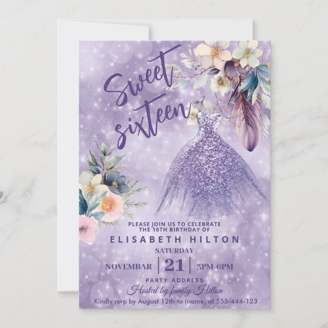 Invitación Boho Lilac Purpurina de flores silvestres vestido  (Anverso)