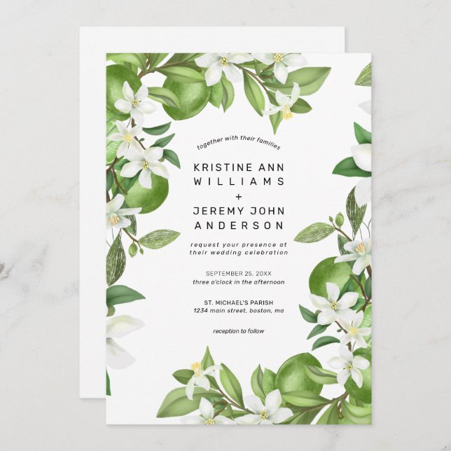 Invitación Boho Lime Boda de acuarela floral blanca (Anverso / Reverso)