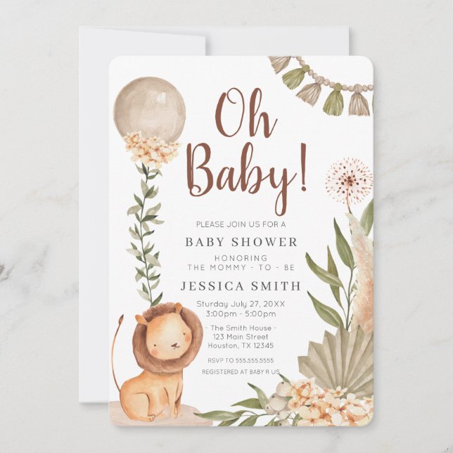 Invitación Boho Lion watercolor oh baby invitation (Anverso)