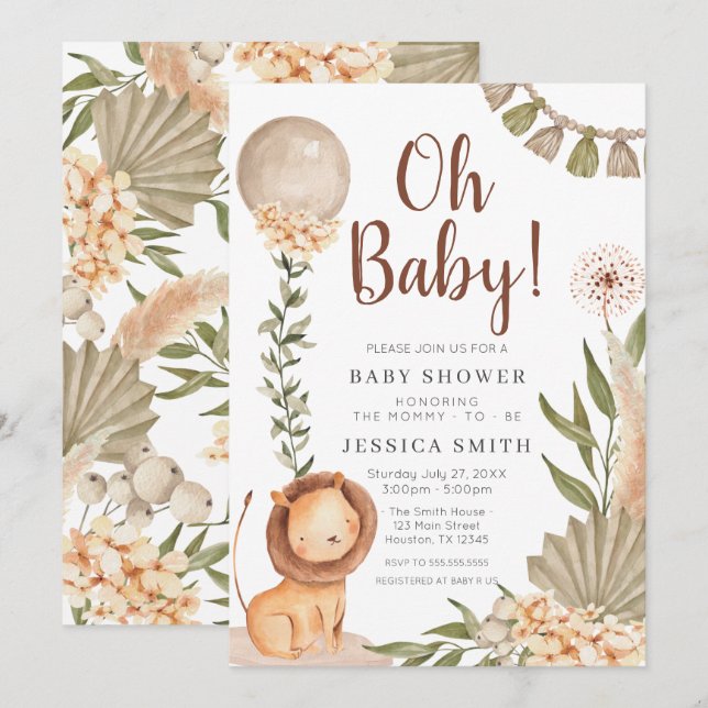Invitación Boho Lion watercolor oh baby invitation (Anverso / Reverso)