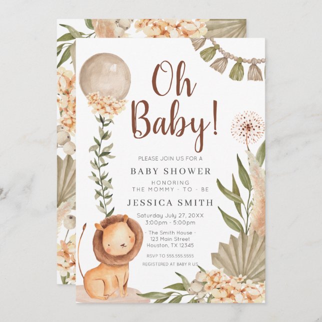 Invitación Boho Lion watercolor oh baby invitation (Anverso / Reverso)