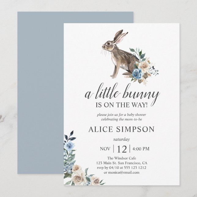 Invitación Boho Little Bunny Dust Blue Flores Baby Shower In (Anverso / Reverso)