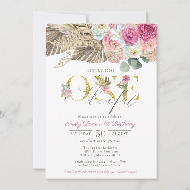 Invitación Boho Little Miss ONEmaravillosas Floral Primer cum (Anverso)