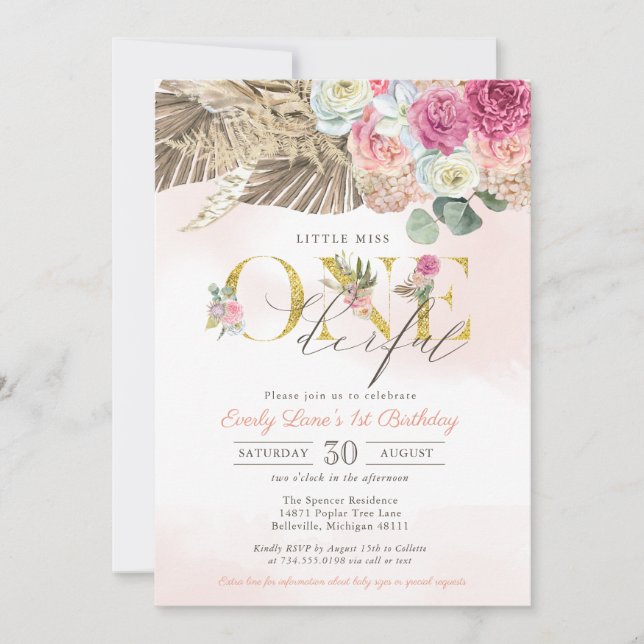 Invitación Boho Little Miss ONEmaravillosas Floral Primer cum (Anverso)