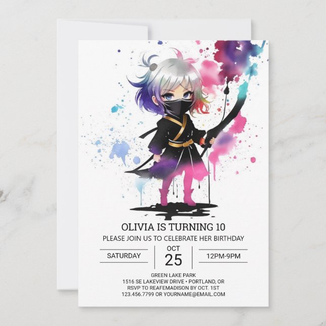 Invitación Boho Little Ninja Chica Cumpleaños (Anverso)
