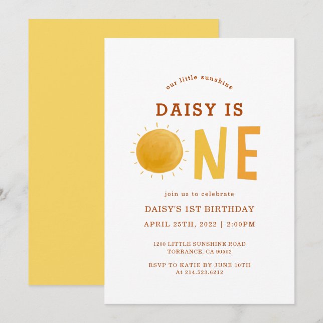 Invitación Boho Little Sunshine es un primer cumpleaños (Anverso / Reverso)
