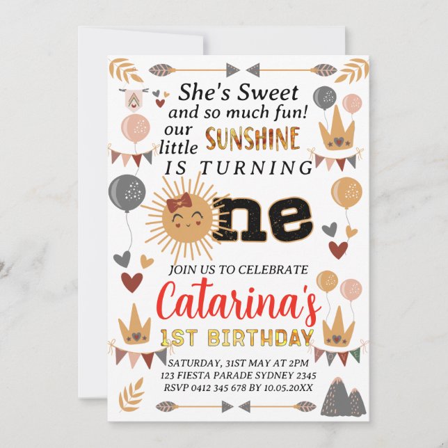 Invitación Boho Little Sunshine, primera bebé de cumpleaños (Anverso)