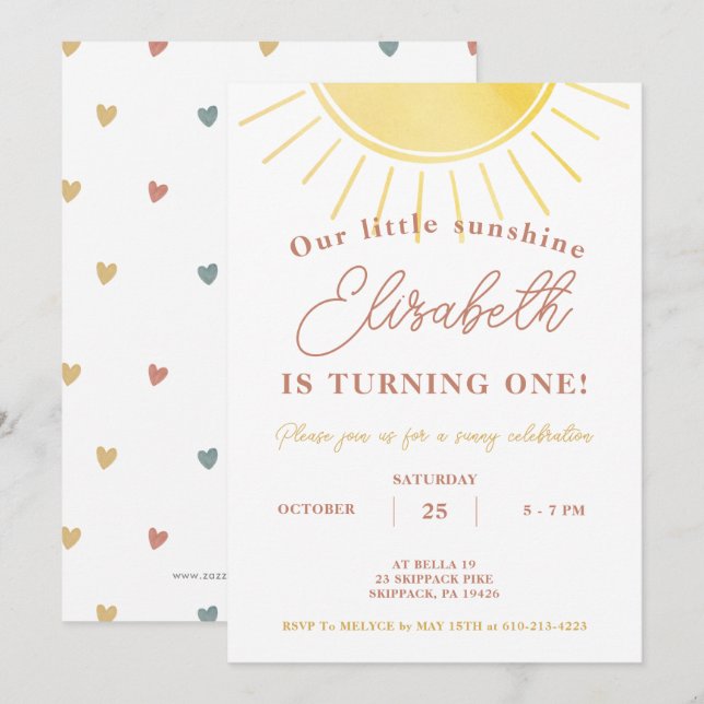 Invitación Boho Little Sunshine Watercolor Birday (Anverso / Reverso)