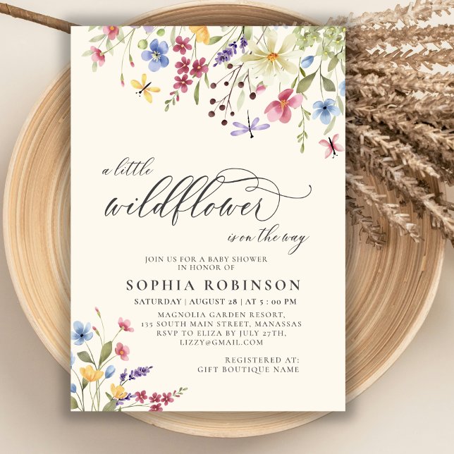 Invitación Boho Little Wildflower Script Beige Baby Shower (Subido por el creador)