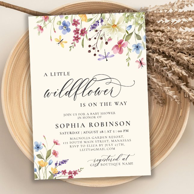 Invitación Boho Little Wildflower Script Beige Baby Shower (Subido por el creador)