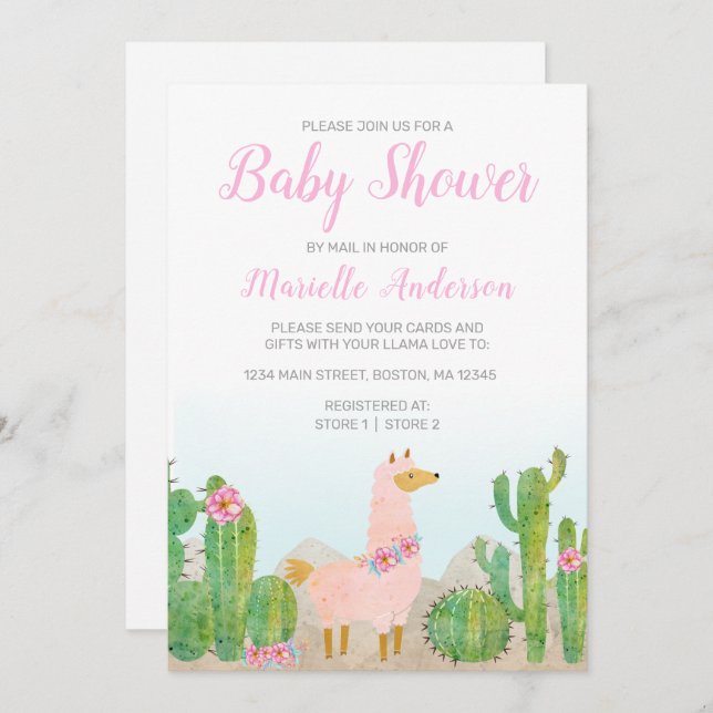 Invitación Boho Llama color de agua rosada Baby Shower por co (Anverso / Reverso)